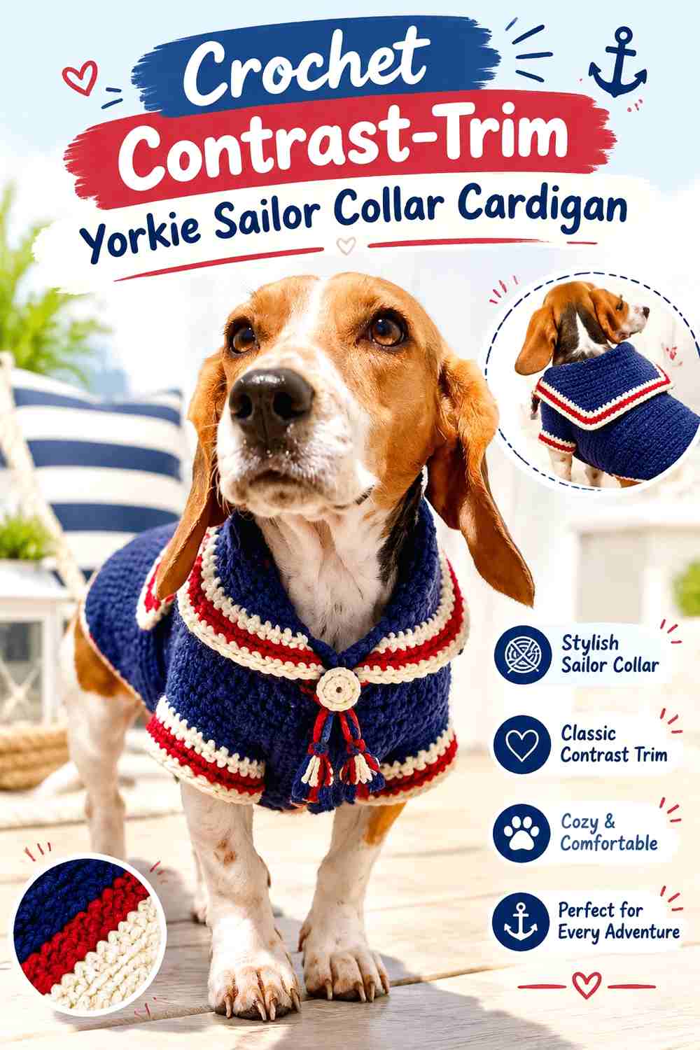 Crochet Contrast-Trim Yorkie Sailor Collar Cardigan