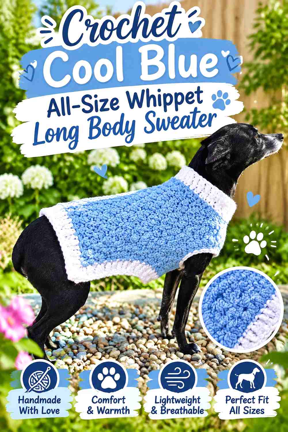 Crochet Cool Blue All-Size Whippet Long Body Sweater