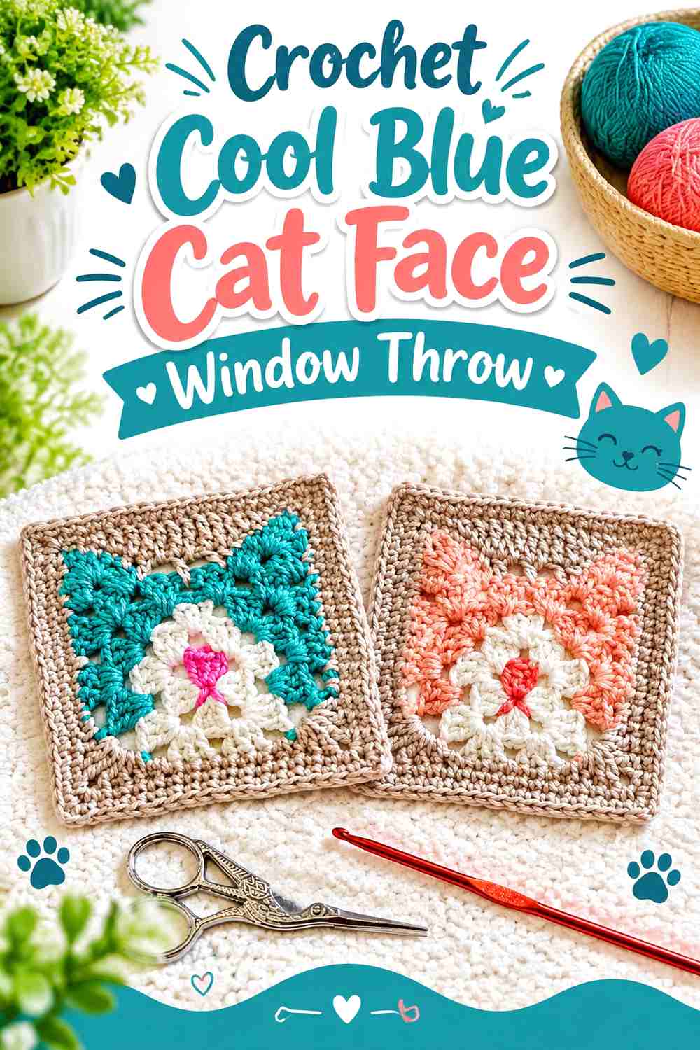 Crochet Cool Blue Cat Face Window Throw