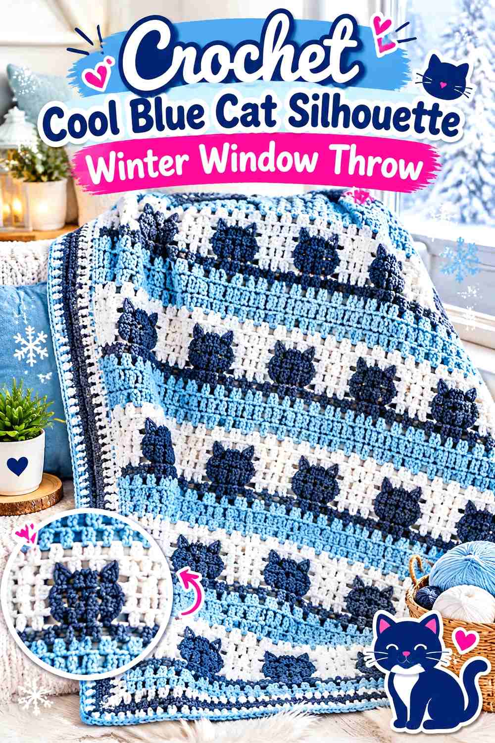 Crochet Cool Blue Cat Silhouette Winter Window Throw
