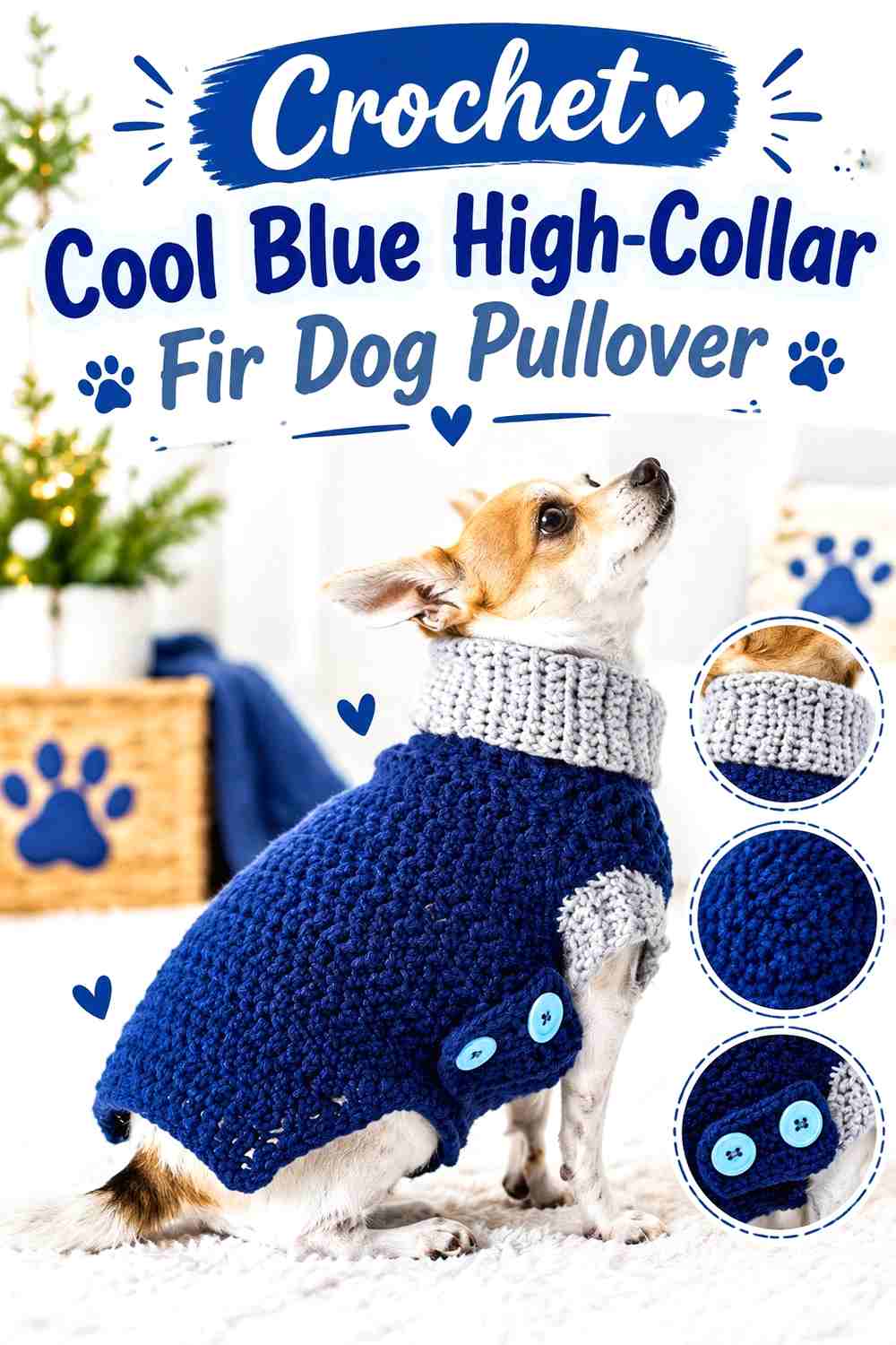 Crochet Cool Blue High-Collar Fir Dog Pullover