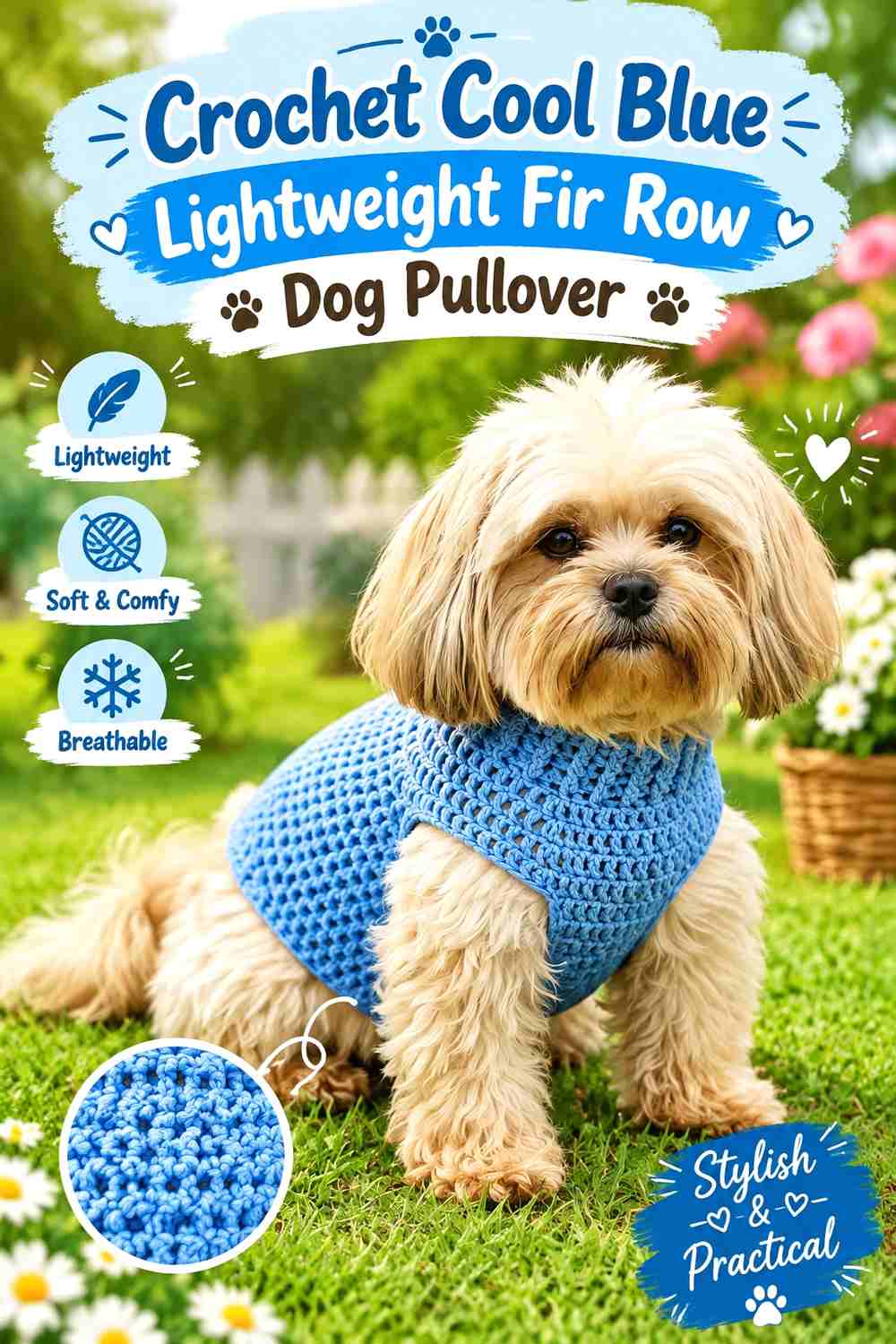 Crochet Cool Blue Lightweight Fir Row Dog Pullover