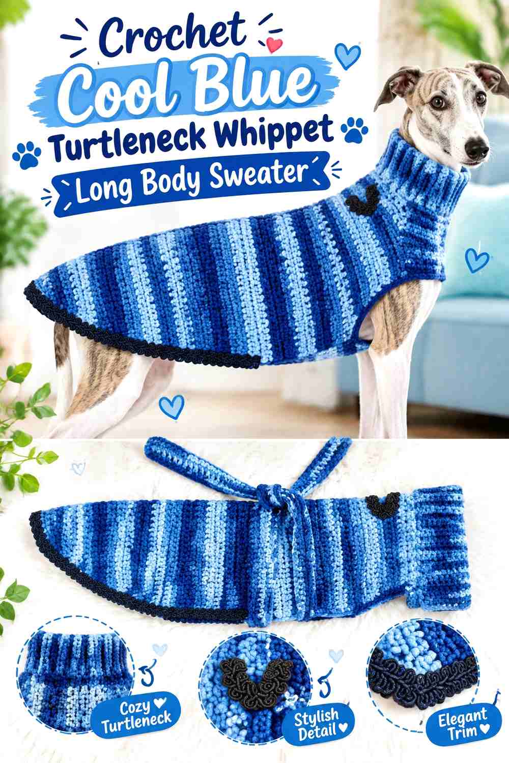 Crochet Cool Blue Turtleneck Whippet Long Body Sweater