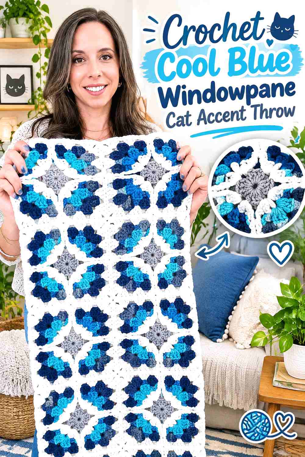 Crochet Cool Blue Windowpane Cat Accent Throw