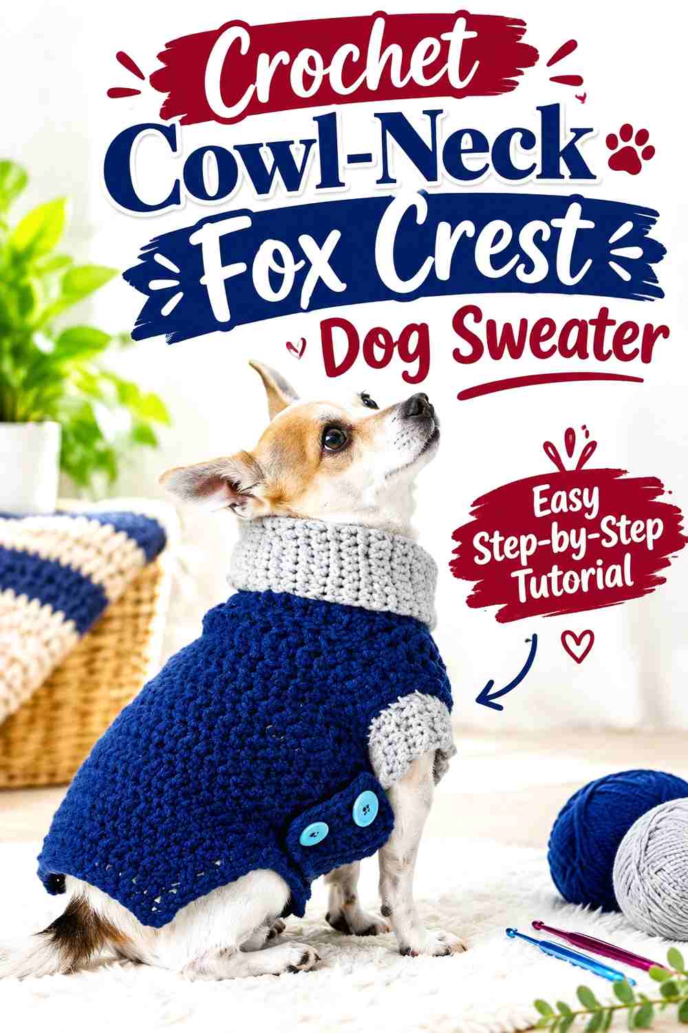 Crochet Cowl-Neck Fox Crest Dog Sweater