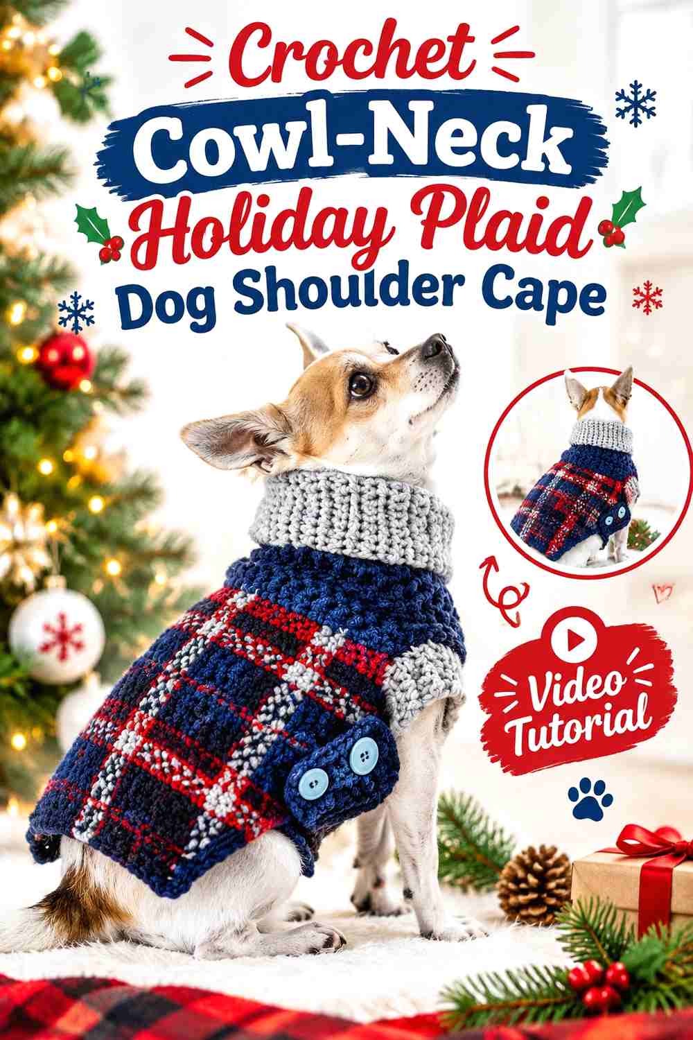 Crochet Cowl-Neck Holiday Plaid Dog Shoulder Cape