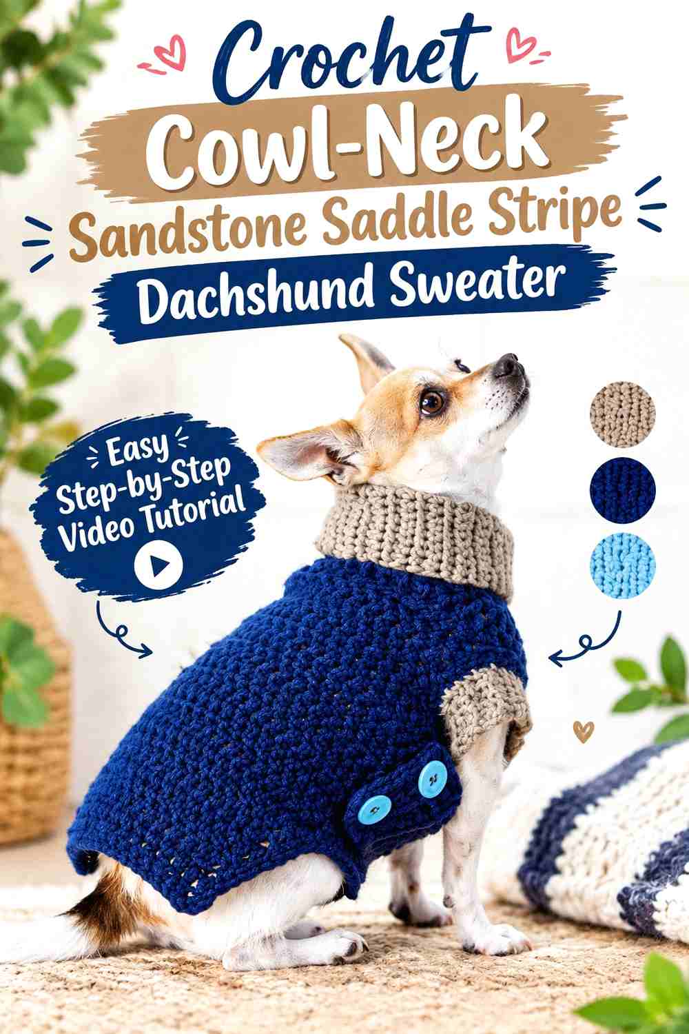 Crochet Cowl-Neck Sandstone Saddle Stripe Dachshund Sweater