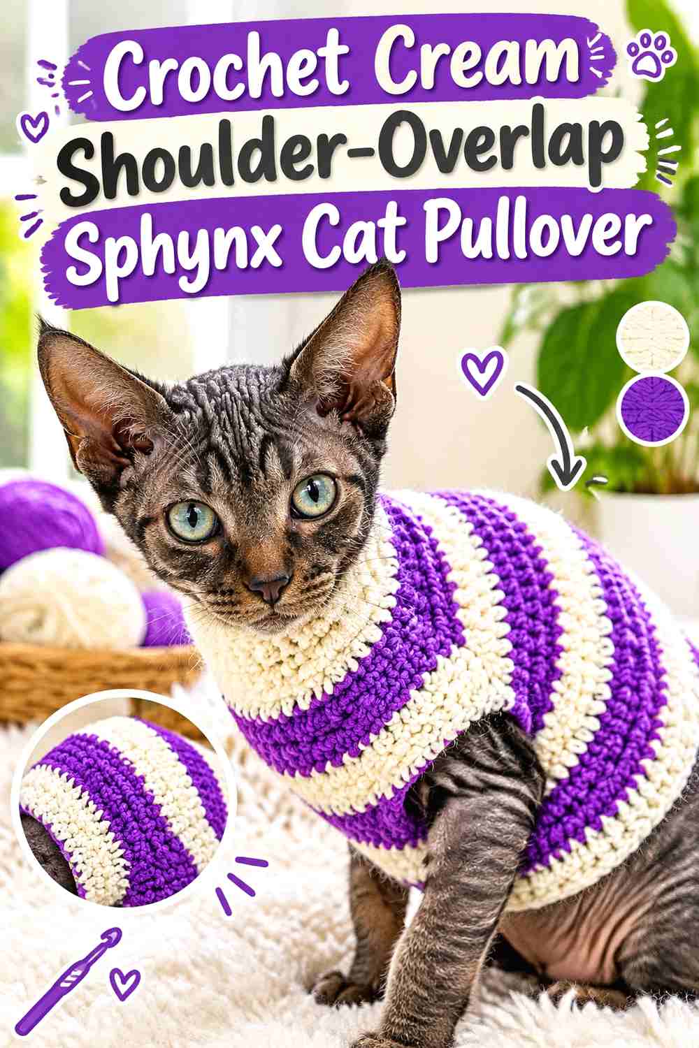 Crochet Cream Shoulder-Overlap Sphynx Cat Pullover