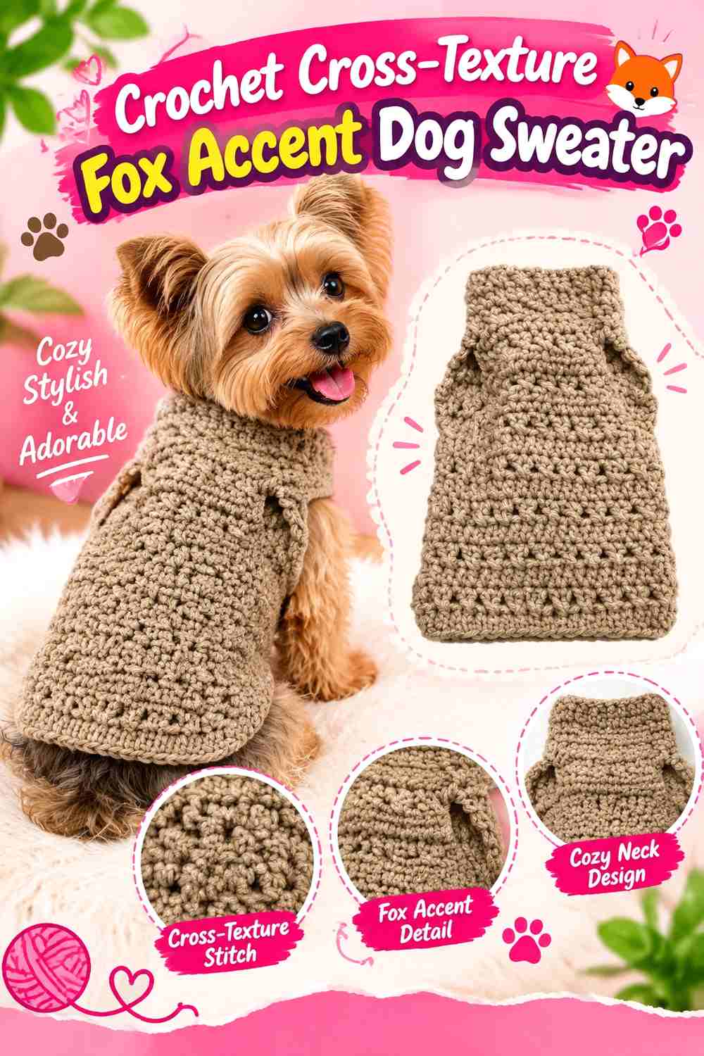 Crochet Cross-Texture Fox Accent Dog Sweater