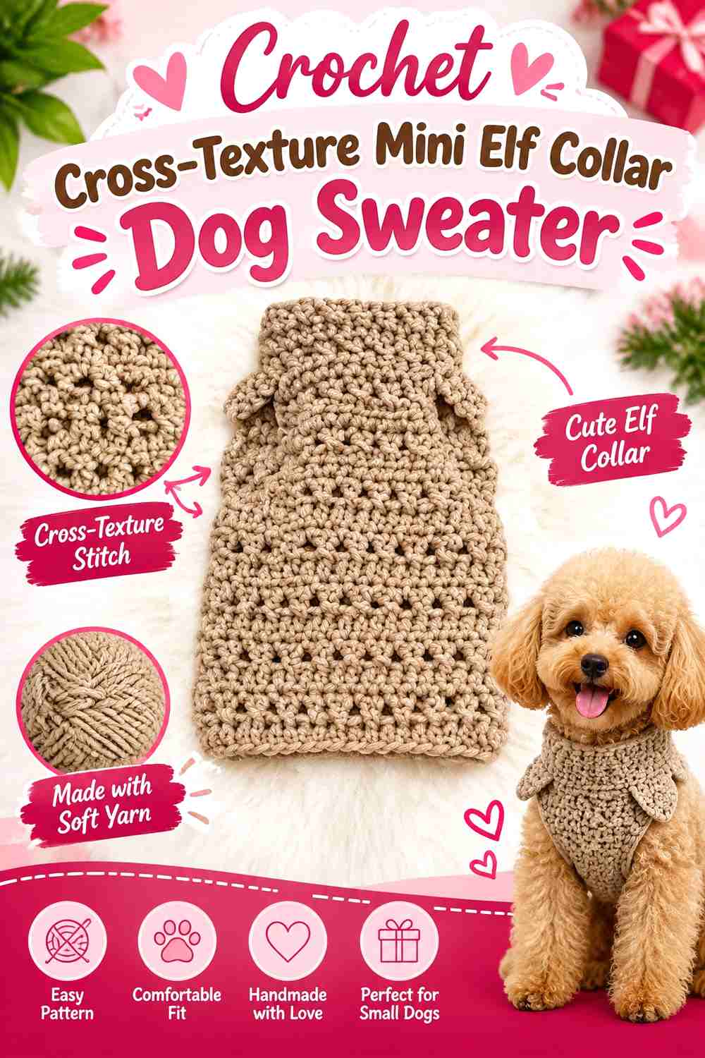 Crochet Cross-Texture Mini Elf Collar Dog Sweater