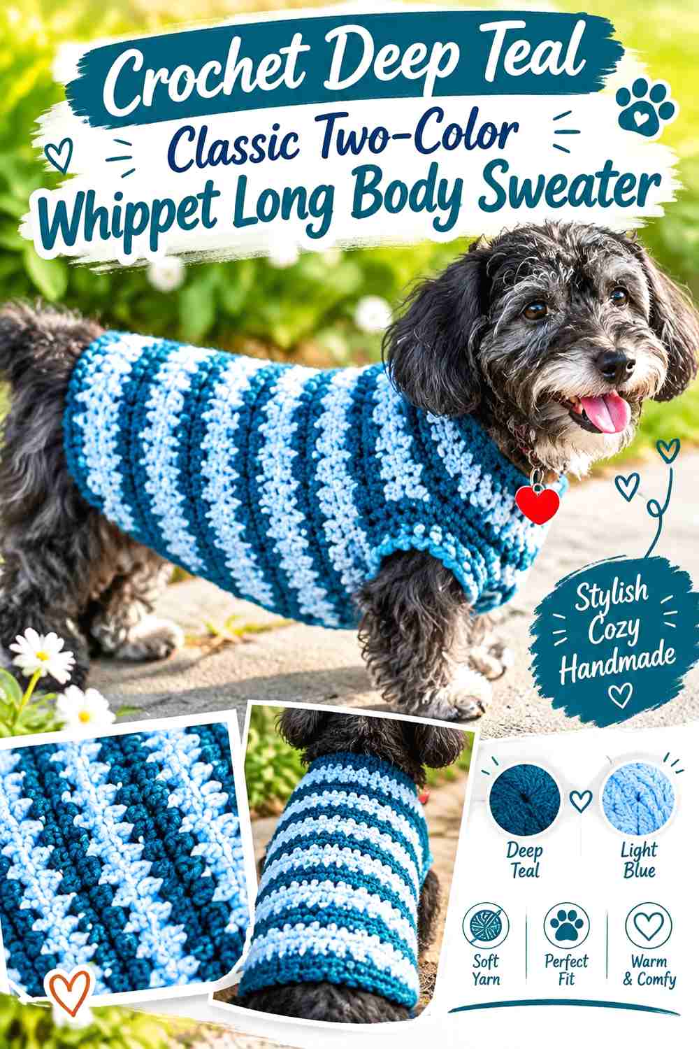 Crochet Deep Teal Classic Two-Color Whippet Long Body Sweater