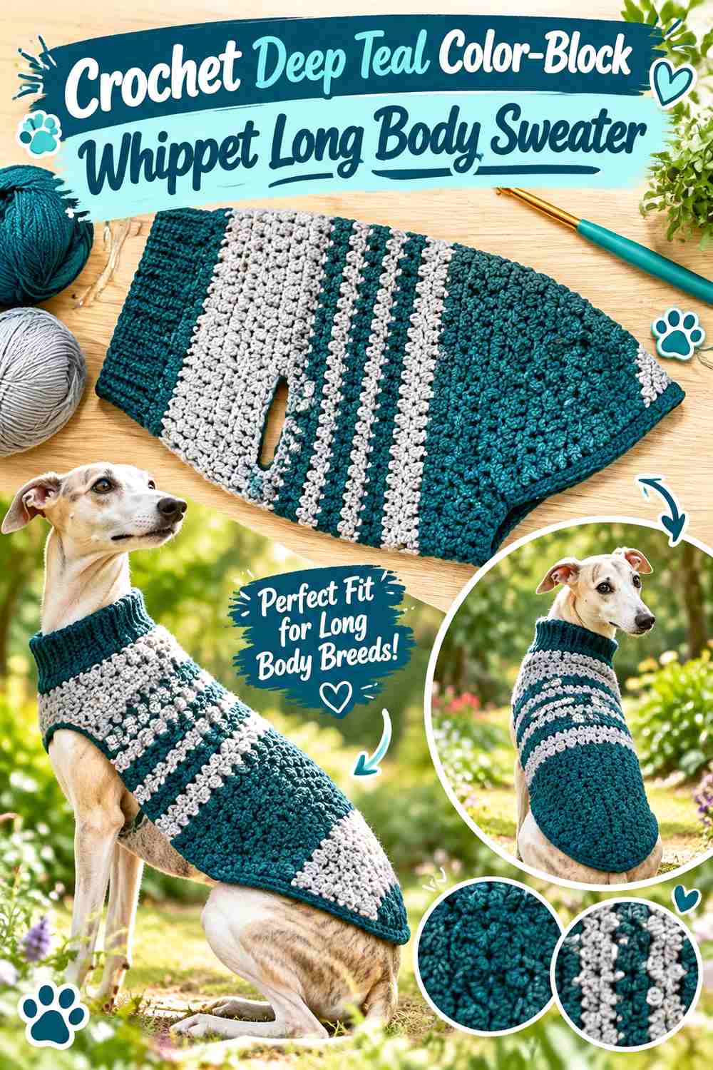 Crochet Deep Teal Color-Block Whippet Long Body Sweater