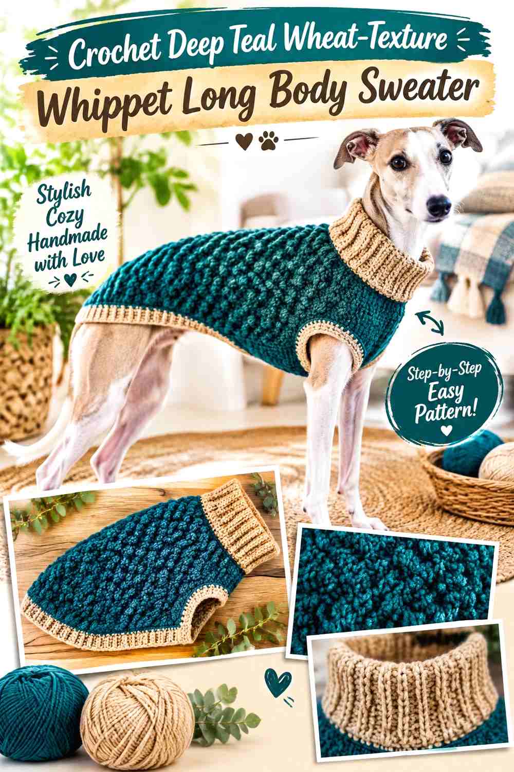Crochet Deep Teal Wheat-Texture Whippet Long Body Sweater