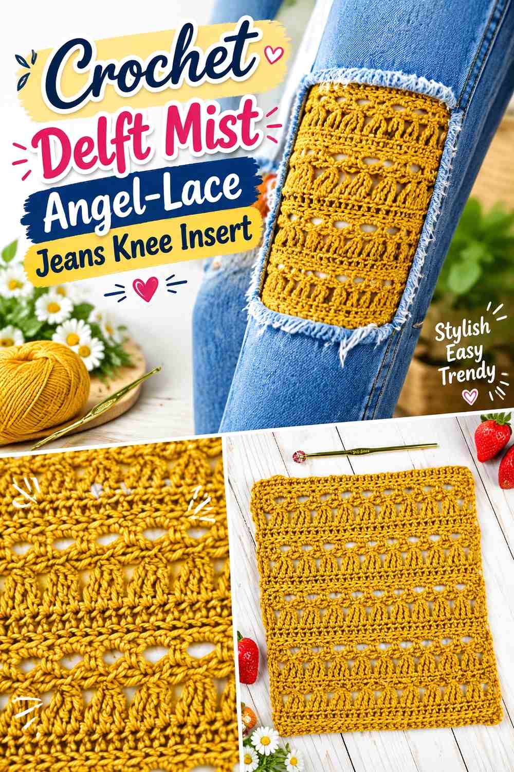 Crochet Delft Mist Angel-Lace Jeans Knee Insert