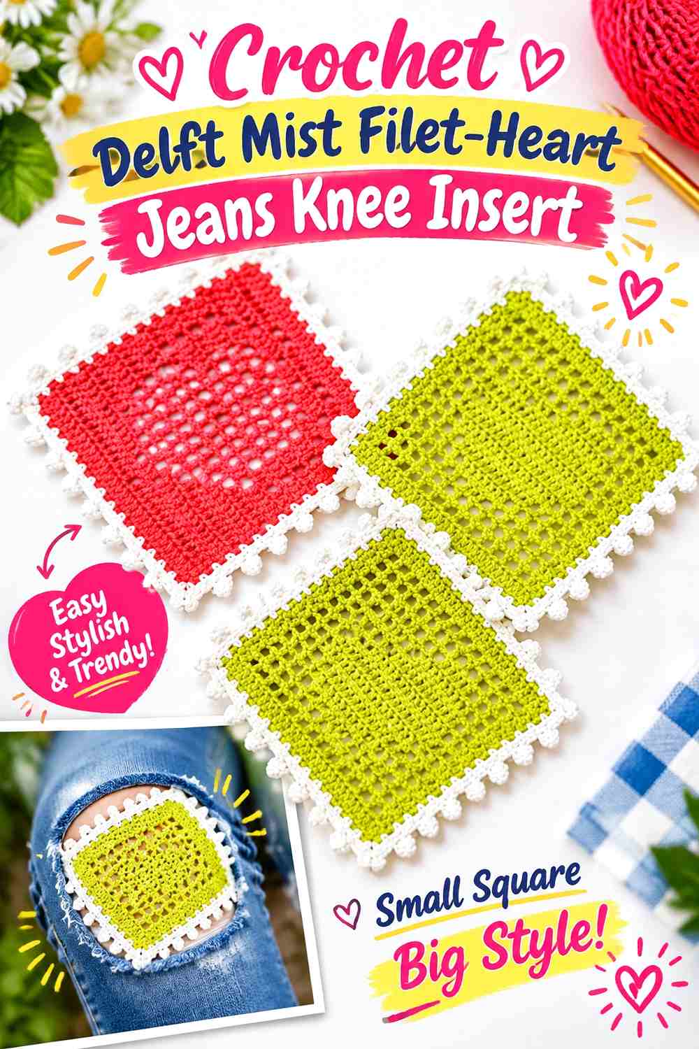 Crochet Delft Mist Filet-Heart Jeans Knee Insert