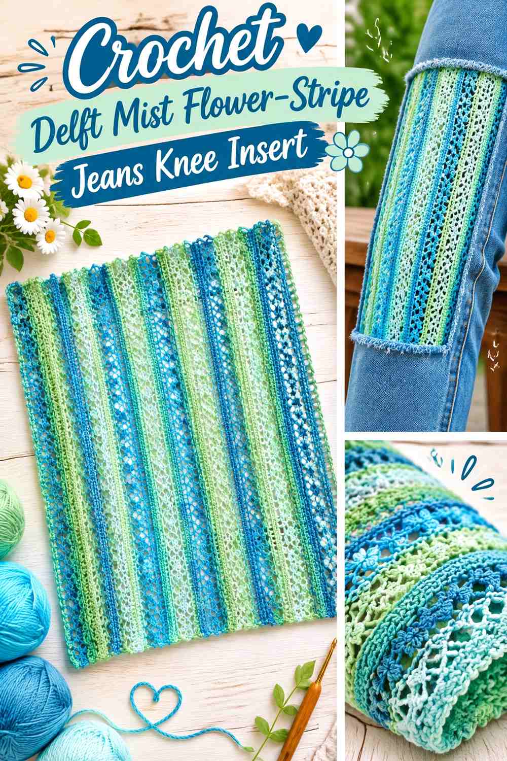 Crochet Delft Mist Flower-Stripe Jeans Knee Insert