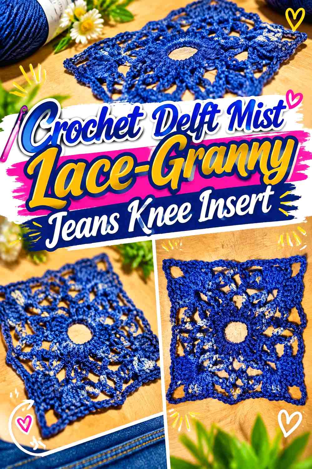 Crochet Delft Mist Lace-Granny Jeans Knee Insert