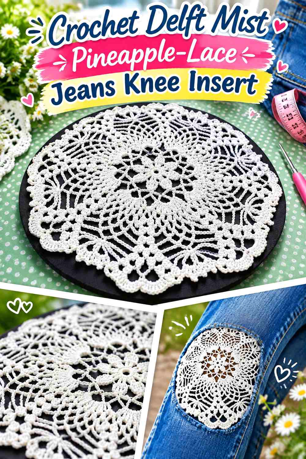 Crochet Delft Mist Pineapple-Lace Jeans Knee Insert