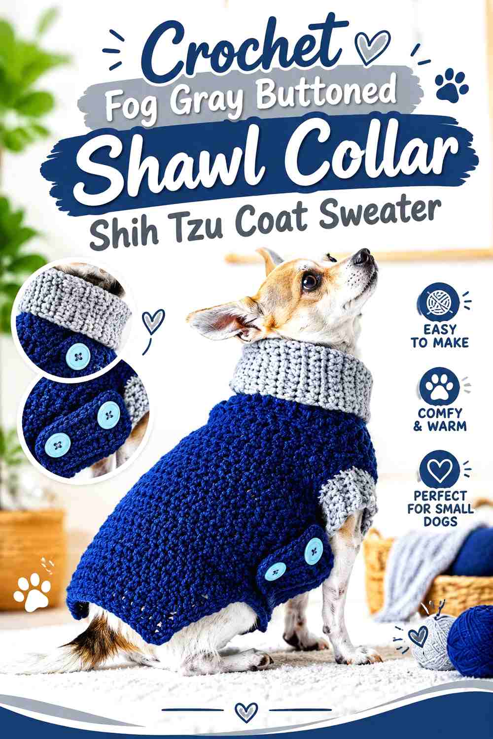 Crochet Fog Gray Buttoned Shawl Collar Shih Tzu Coat Sweater