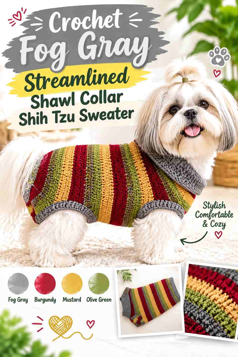Crochet Fog Gray Streamlined Shawl Collar Shih Tzu Sweater