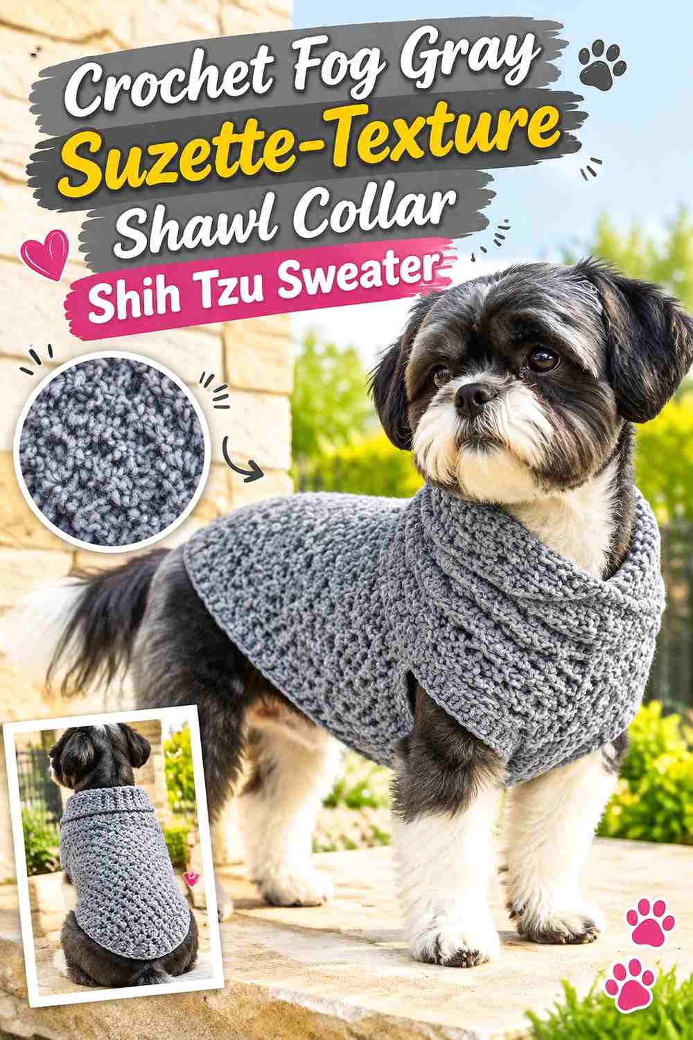 Crochet Fog Gray Suzette-Texture Shawl Collar Shih Tzu Sweater