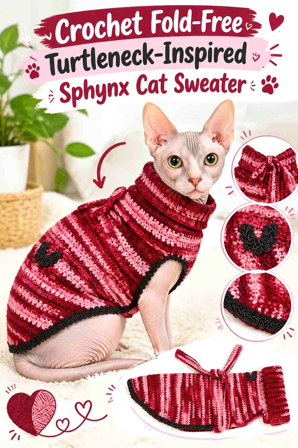 Crochet Fold-Free Turtleneck-Inspired Sphynx Cat Sweater