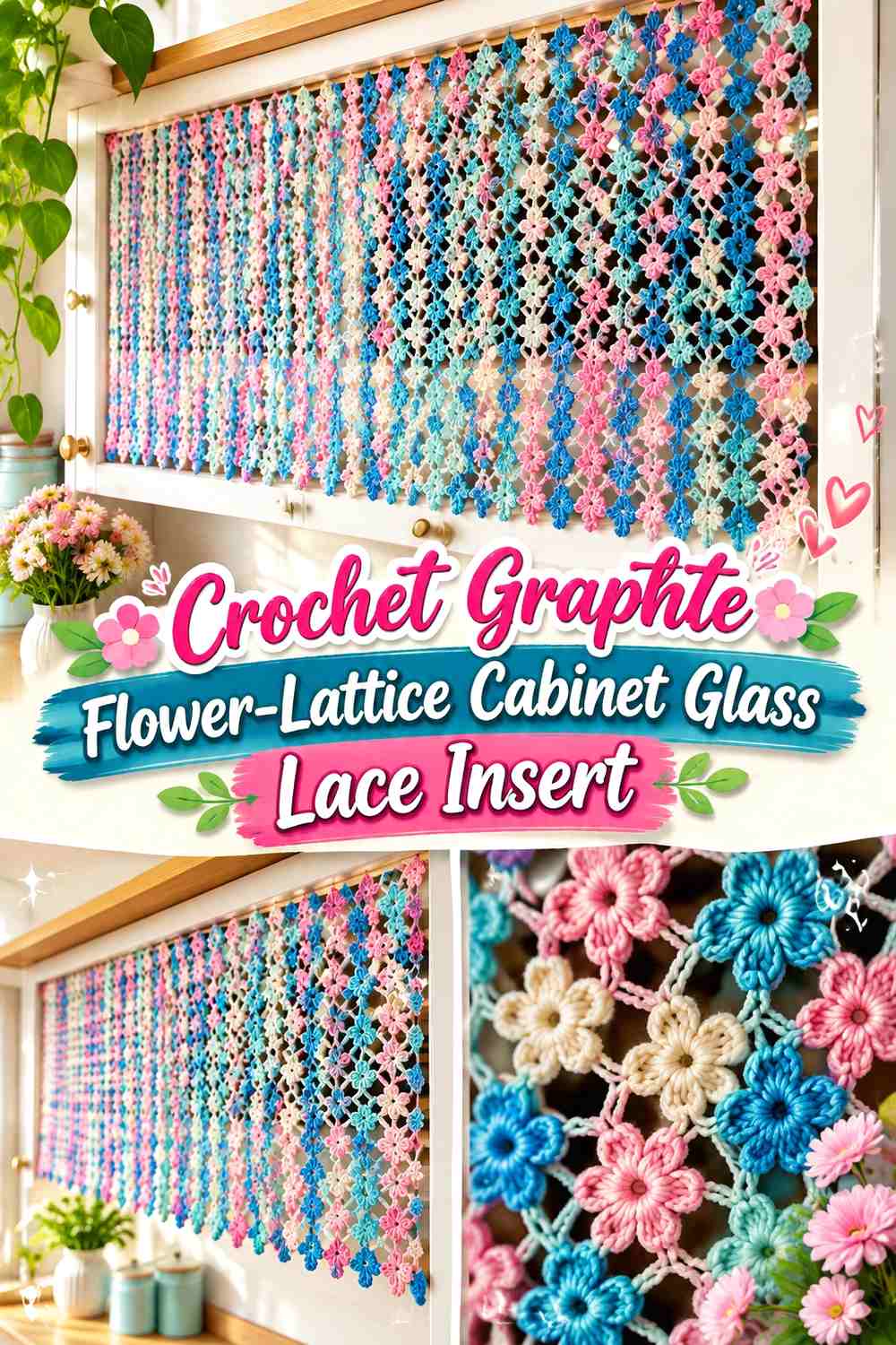 Crochet Graphite Flower-Lattice Cabinet Glass Lace Insert