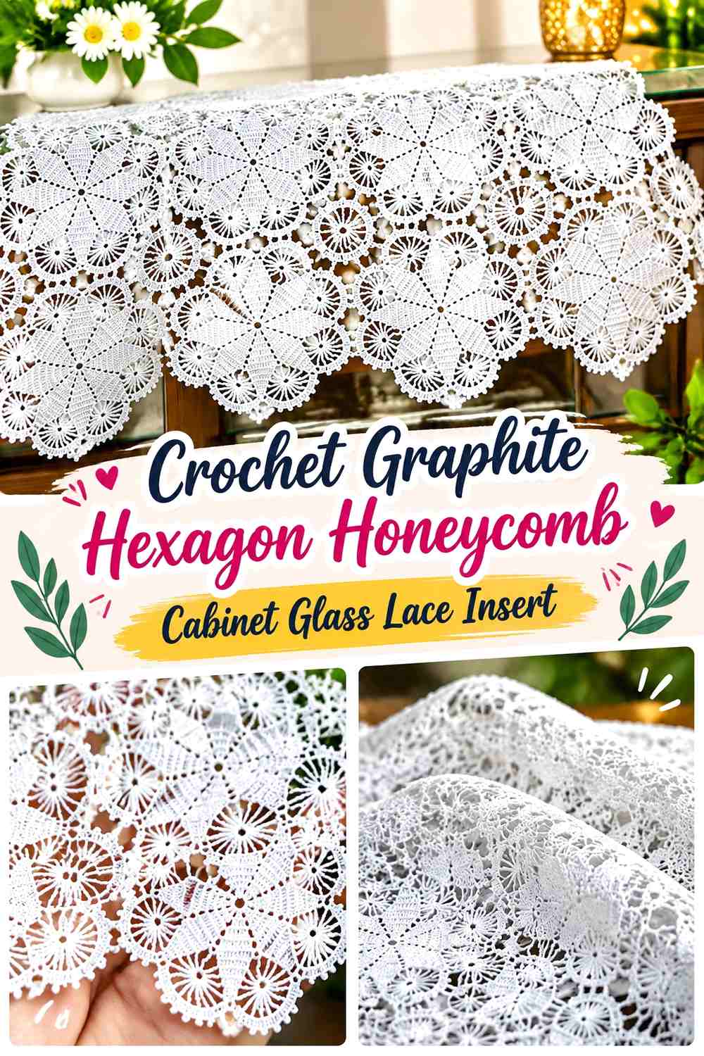 Crochet Graphite Hexagon Honeycomb Cabinet Glass Lace Insert