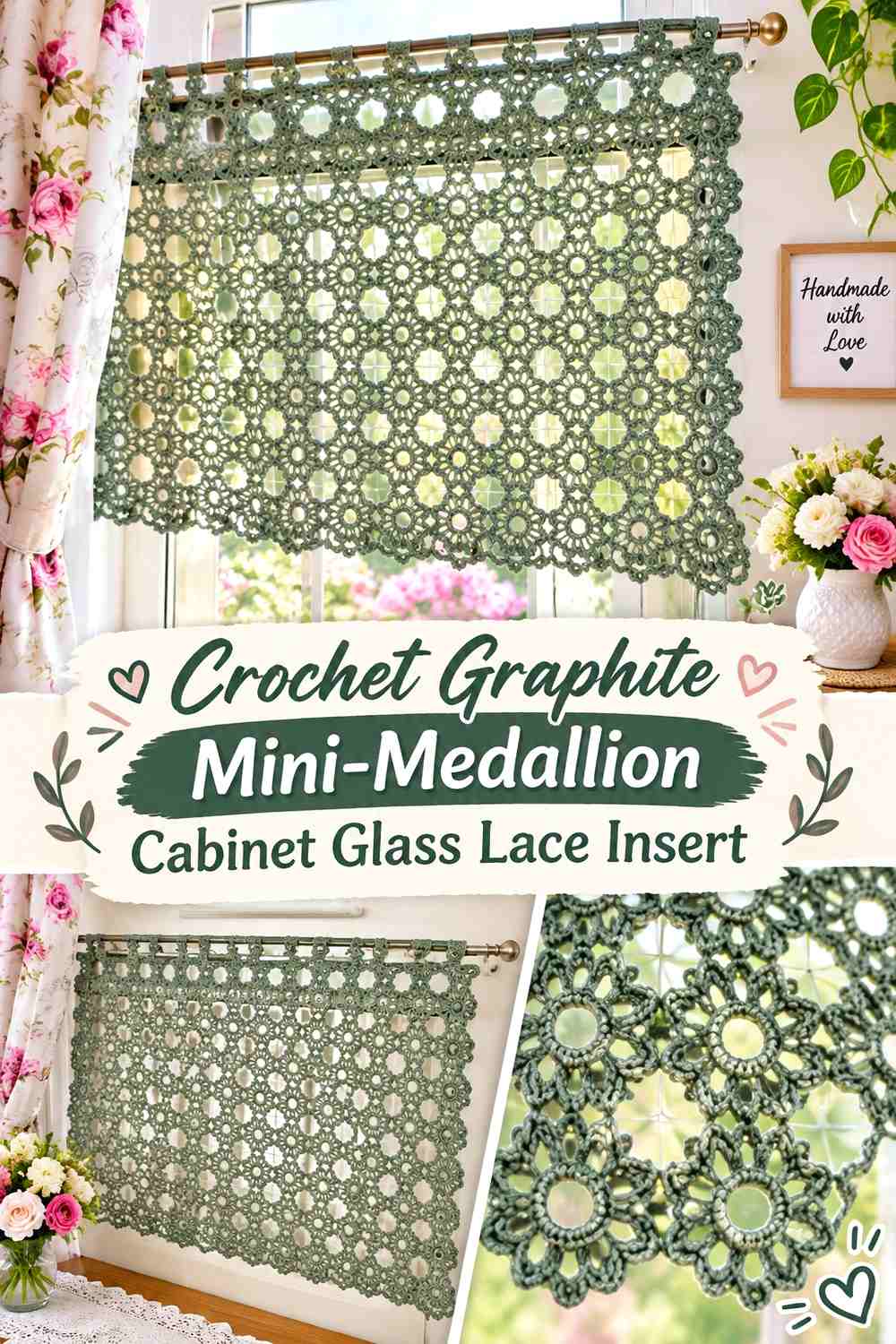 Crochet Graphite Mini-Medallion Cabinet Glass Lace Insert