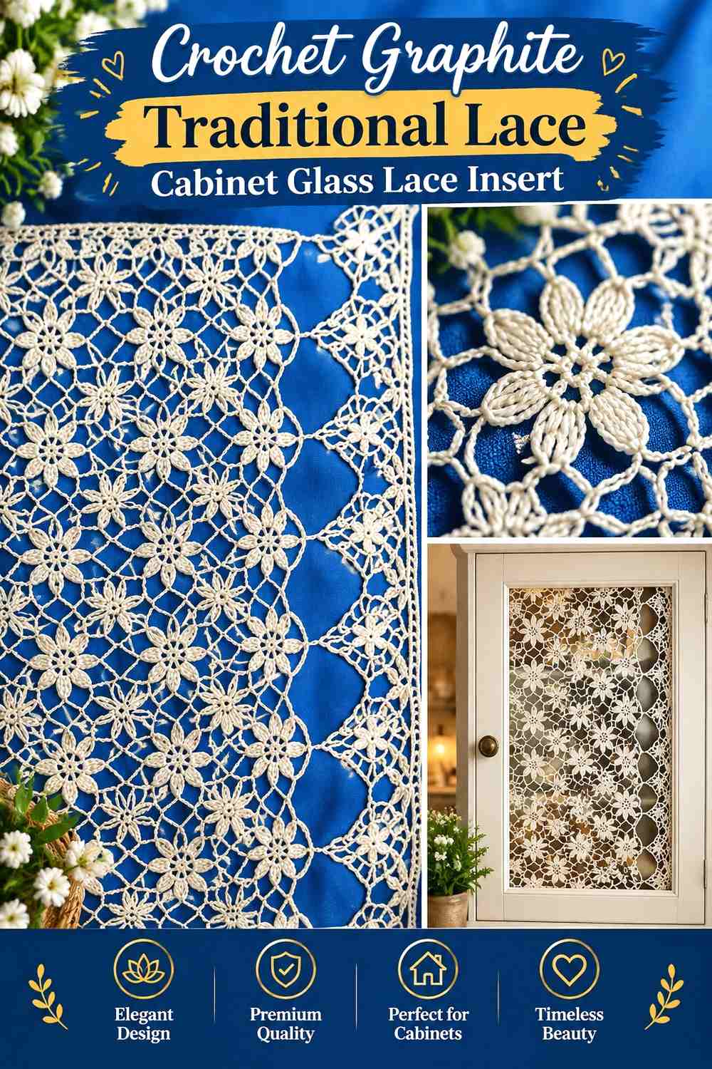 Crochet Graphite Traditional Lace Cabinet Glass Lace Insert
