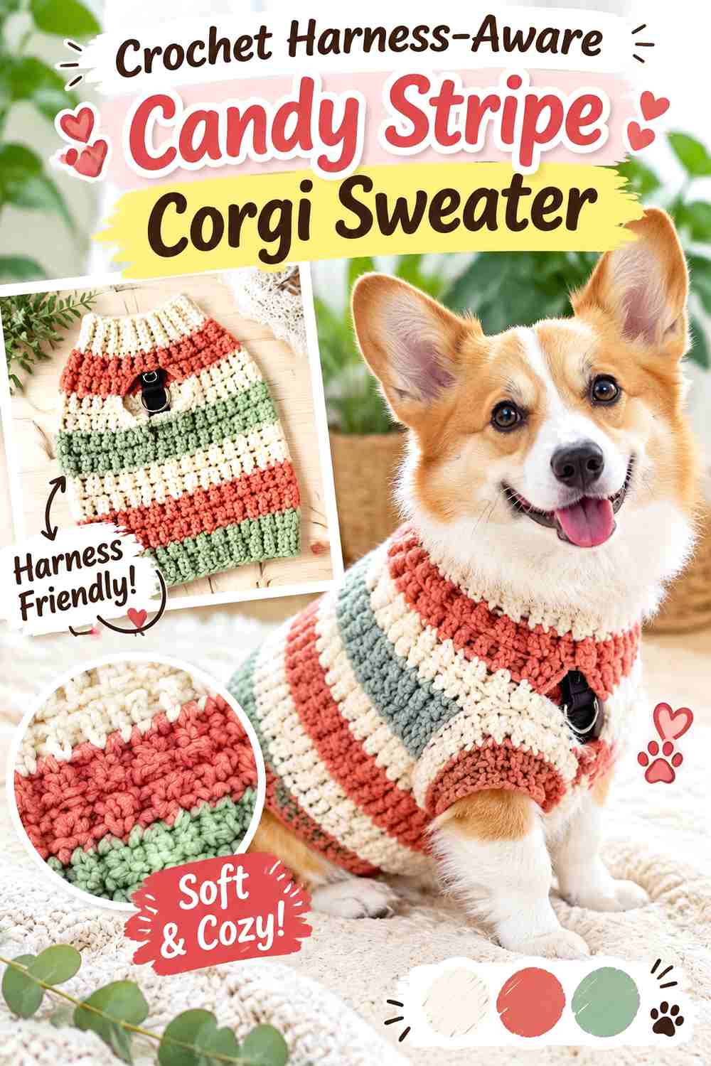 Crochet Harness-Aware Candy Stripe Corgi Sweater