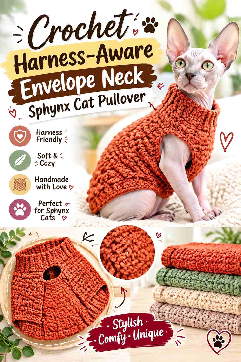 Crochet Harness-Aware Envelope Neck Sphynx Cat Pullover