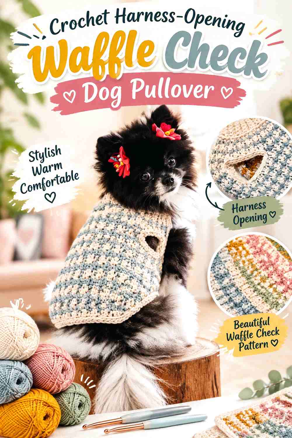 Crochet Harness-Opening Waffle Check Dog Pullover