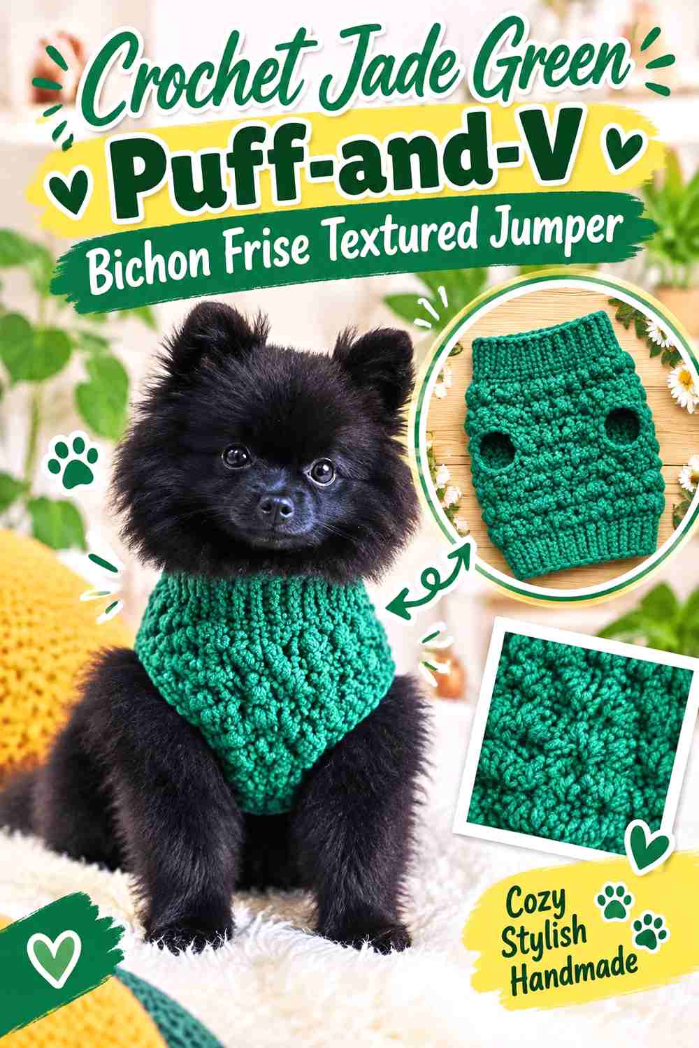 Crochet Jade Green Puff-and-V Bichon Frise Textured Jumper