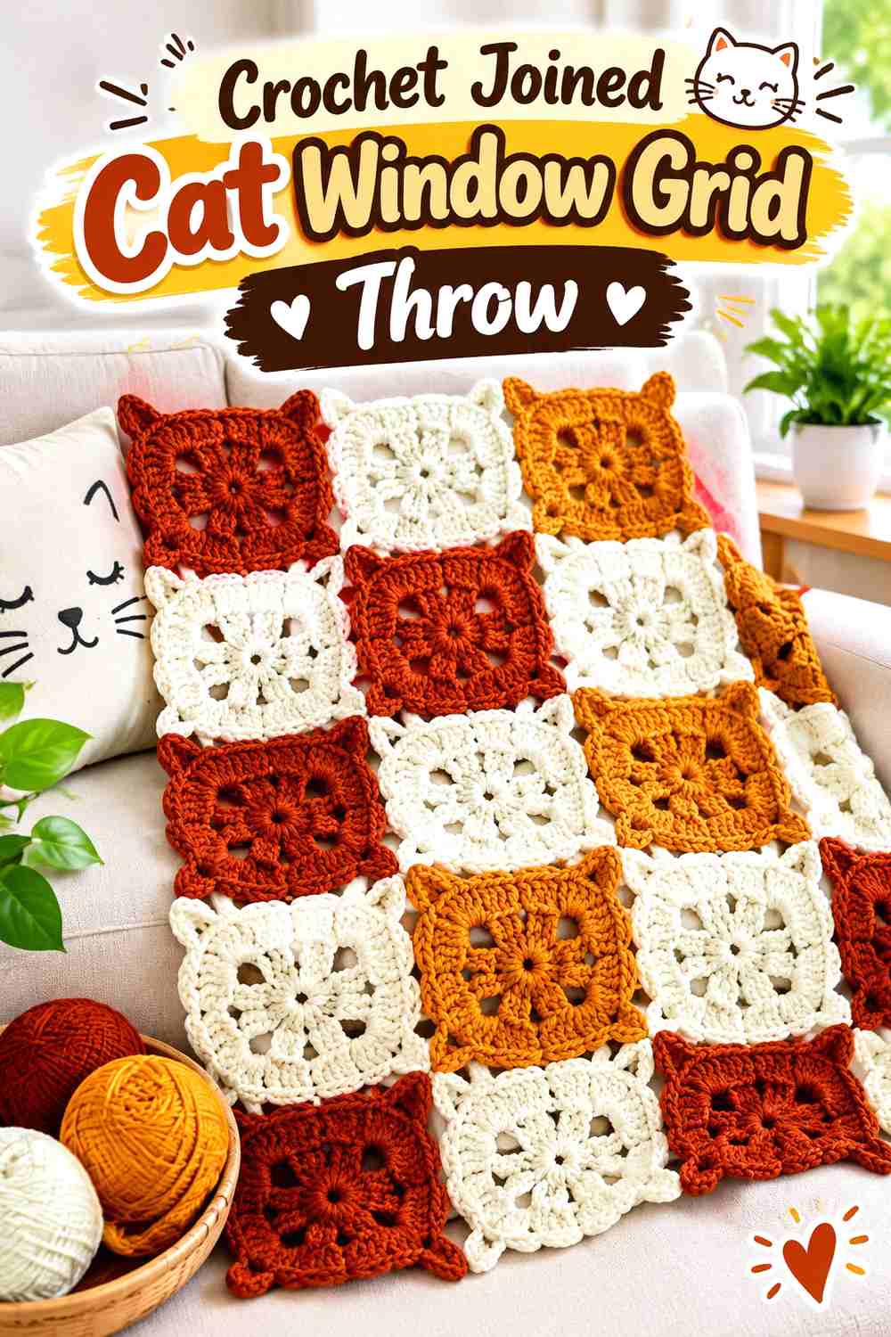 Crochet Joined Cat Window Grid Throw