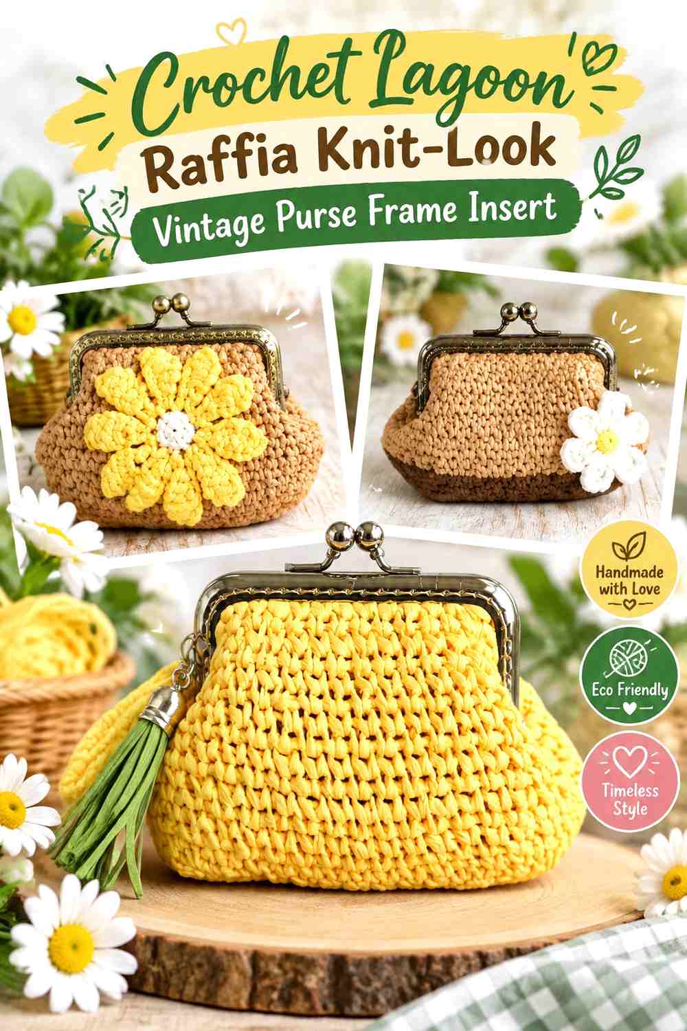 Crochet Lagoon Raffia Knit-Look Vintage Purse Frame Insert