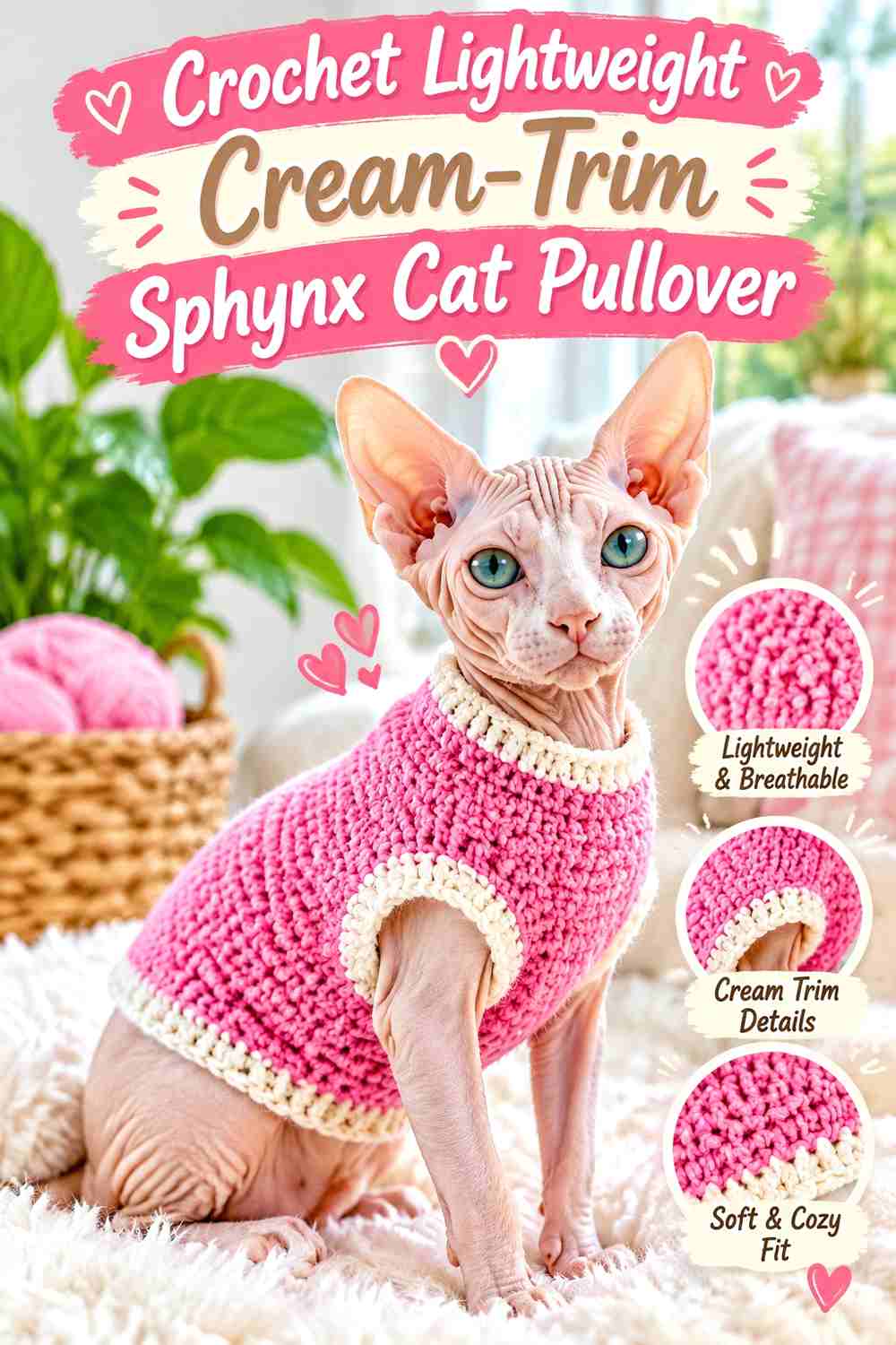 Crochet Lightweight Cream-Trim Sphynx Cat Pullover