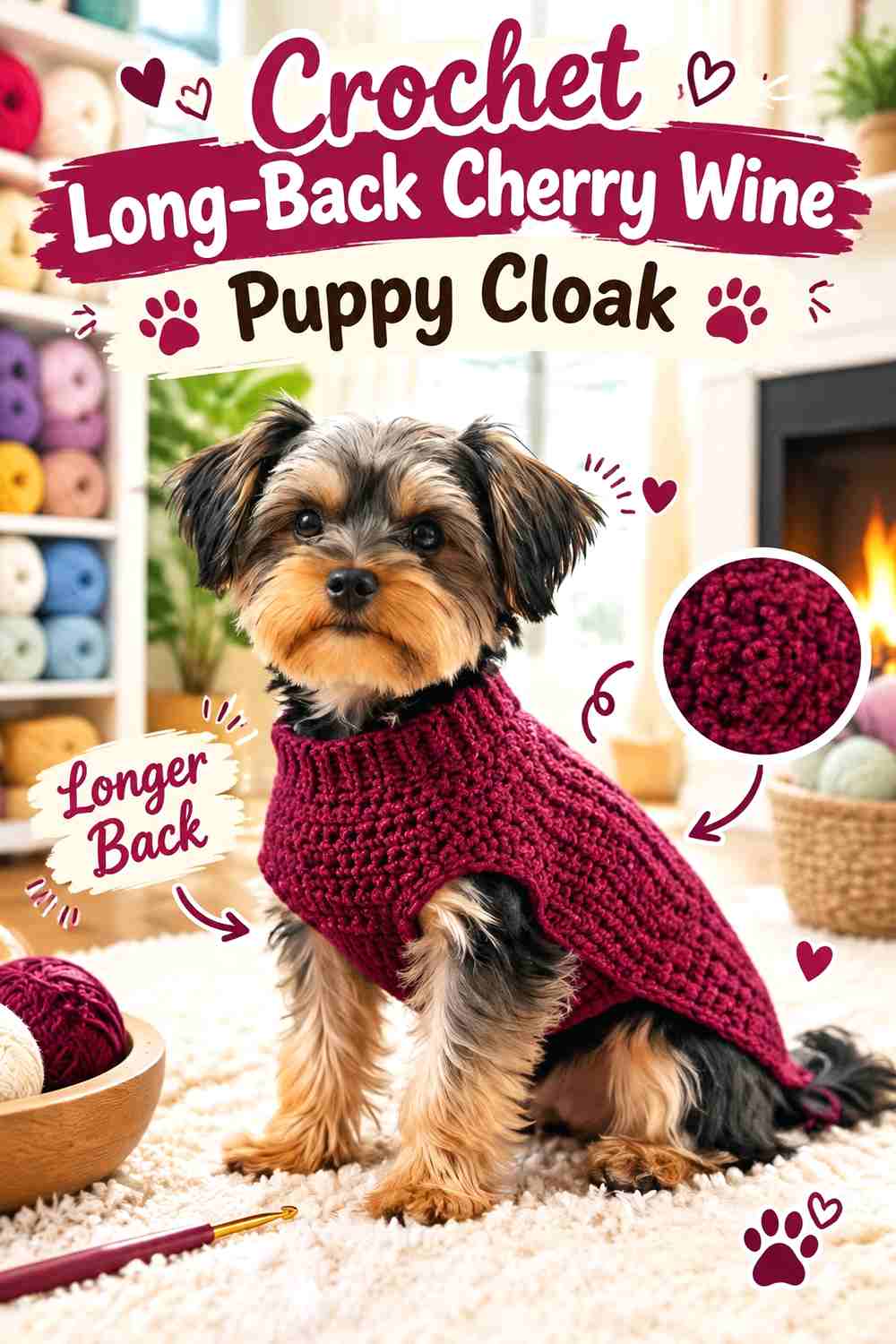Crochet Long-Back Cherry Wine Puppy Cloak