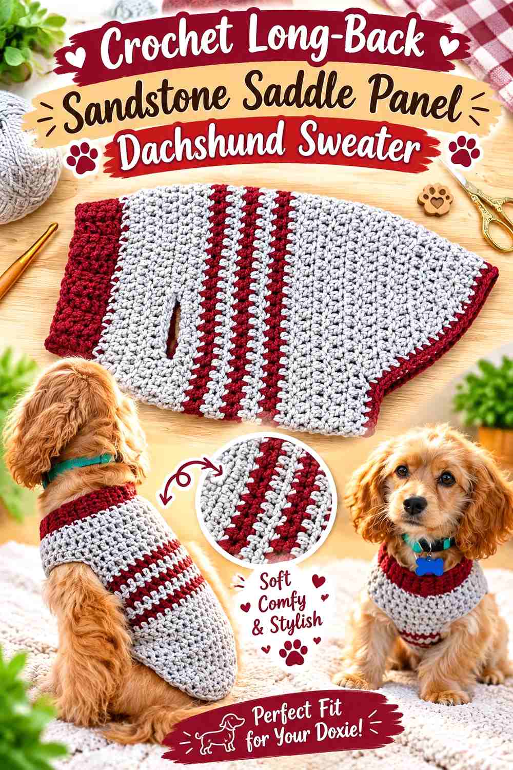 Crochet Long-Back Sandstone Saddle Panel Dachshund Sweater