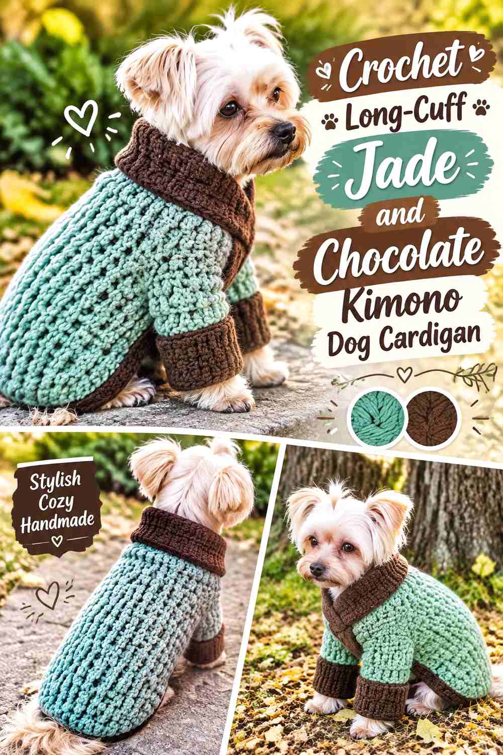 Crochet Long-Cuff Jade and Chocolate Kimono Dog Cardigan