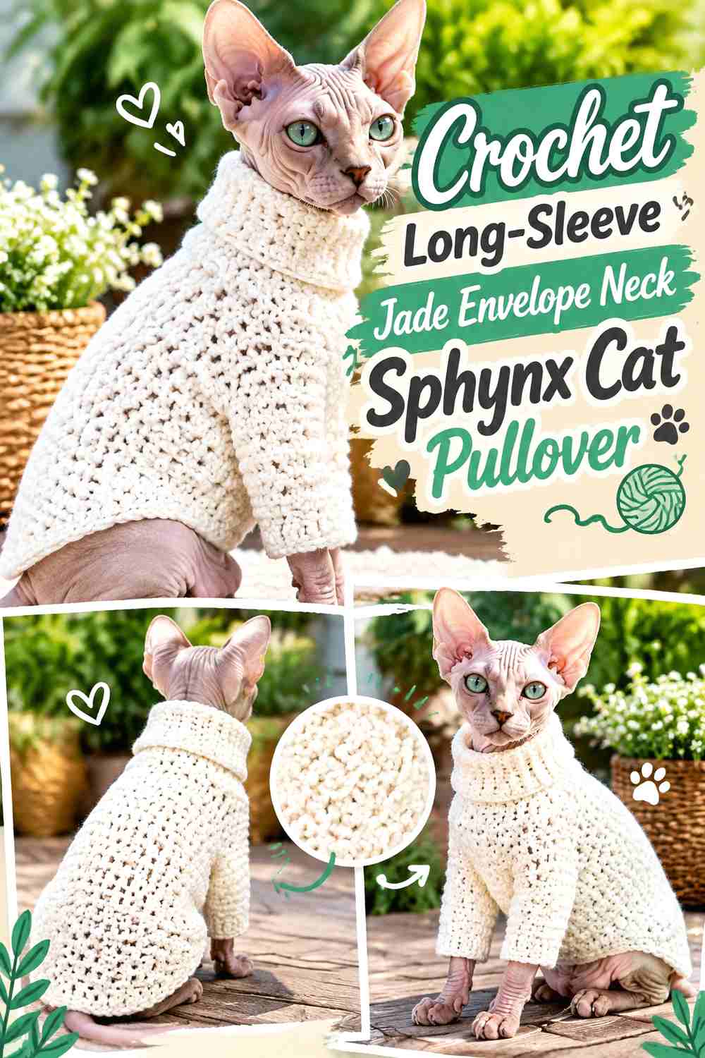 Crochet Long-Sleeve Jade Envelope Neck Sphynx Cat Pullover