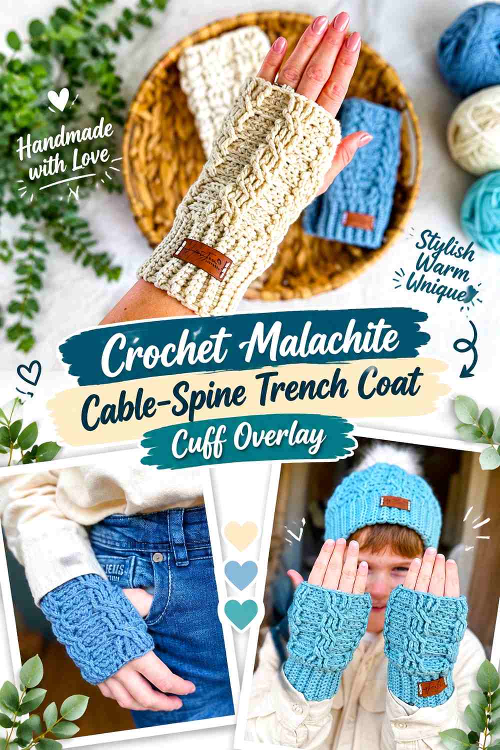 Crochet Malachite Cable-Spine Trench Coat Cuff Overlay