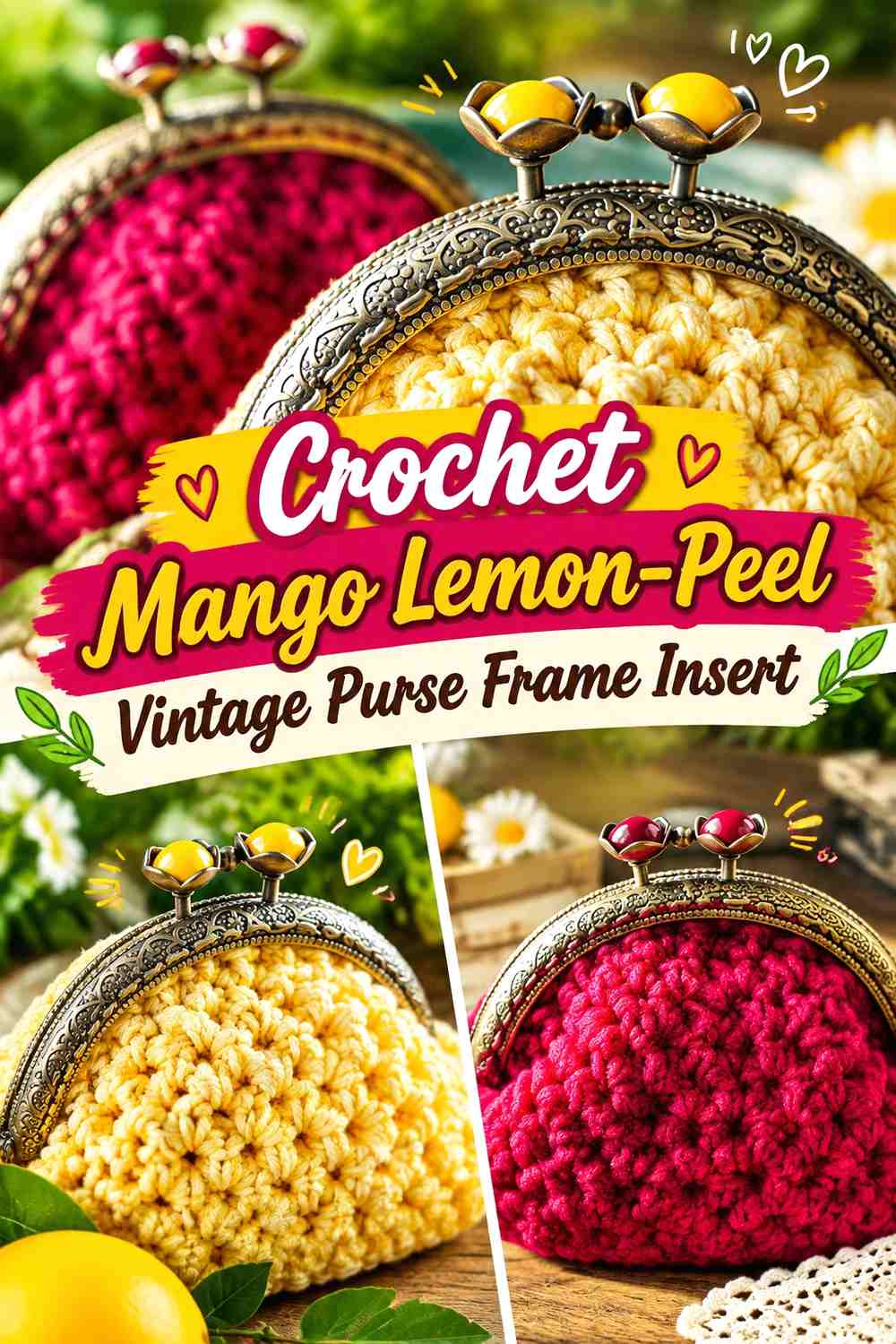 Crochet Mango Lemon-Peel Vintage Purse Frame Insert