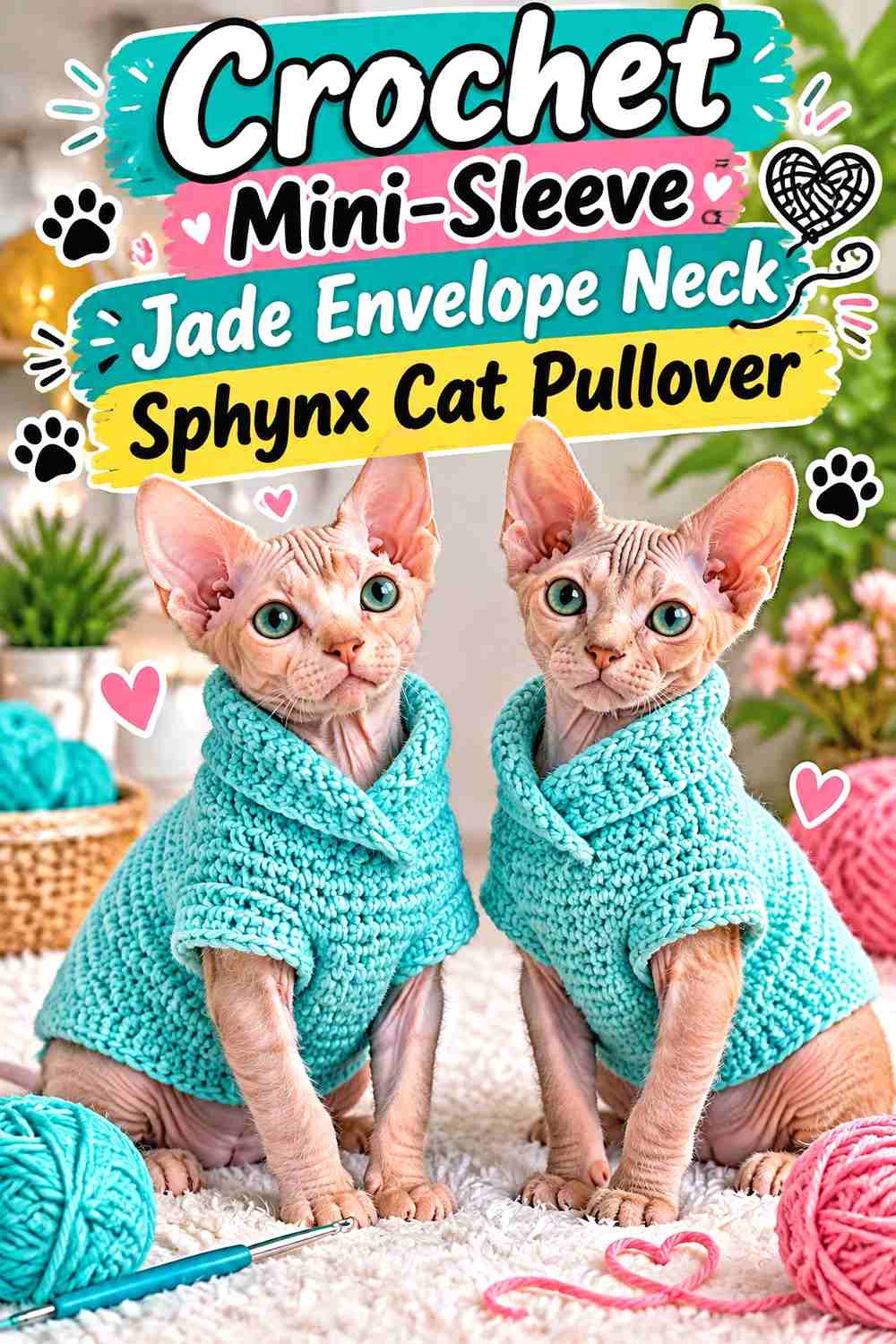 Crochet Mini-Sleeve Jade Envelope Neck Sphynx Cat Pullover