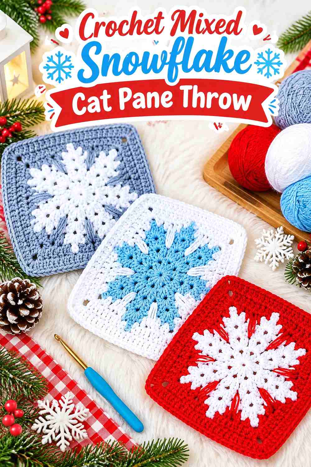 Crochet Mixed Snowflake Cat Pane Throw