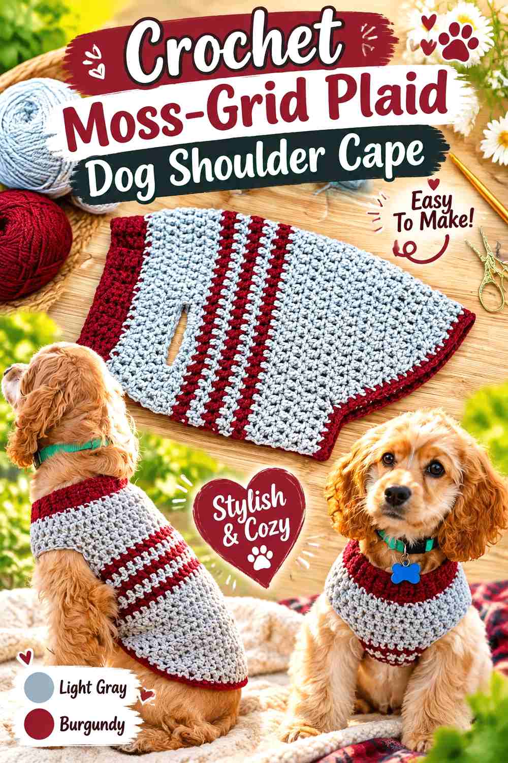 Crochet Moss-Grid Plaid Dog Shoulder Cape