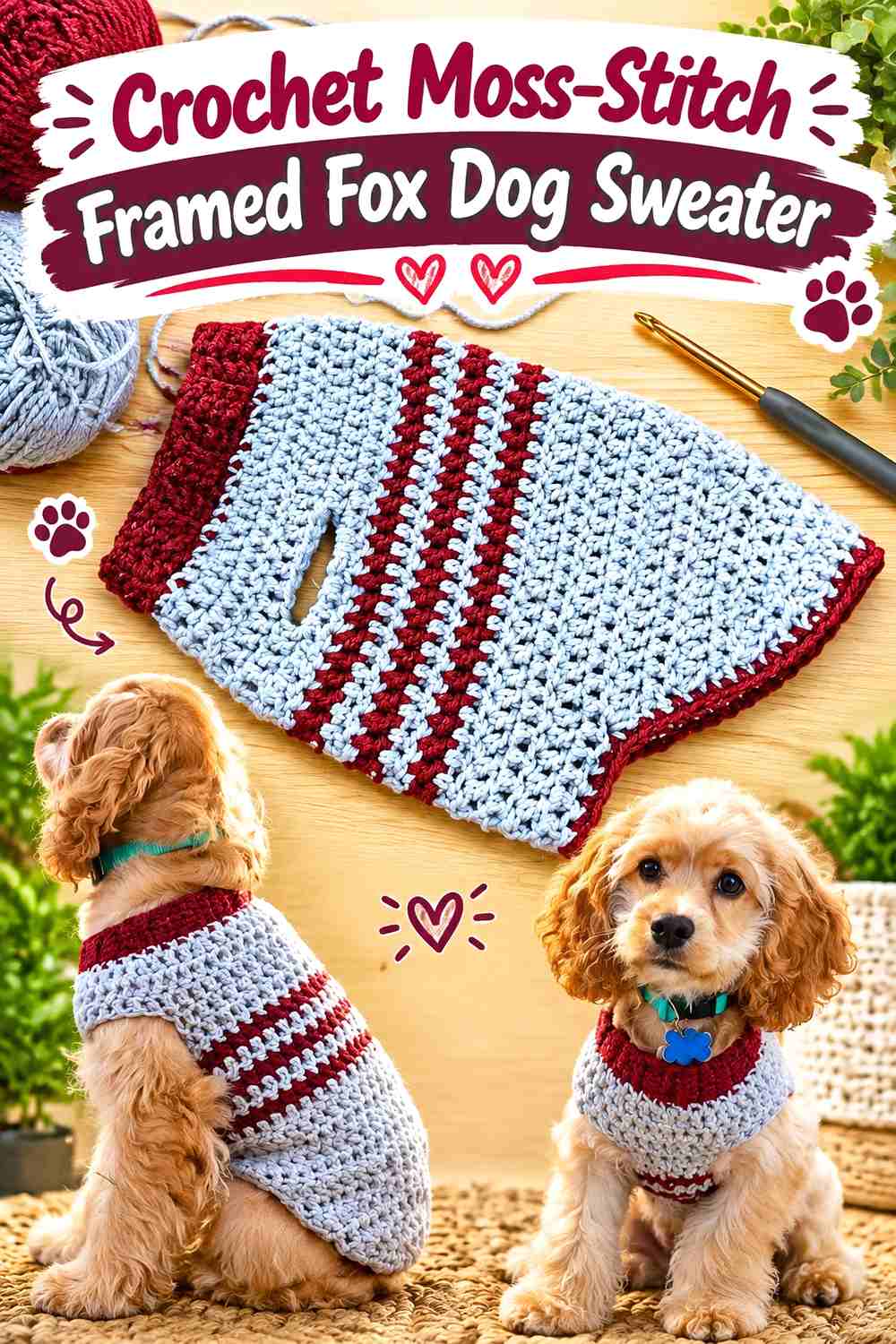 Crochet Moss-Stitch Framed Fox Dog Sweater