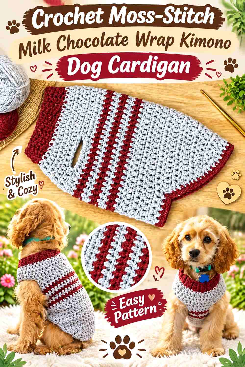 Crochet Moss-Stitch Milk Chocolate Wrap Kimono Dog Cardigan