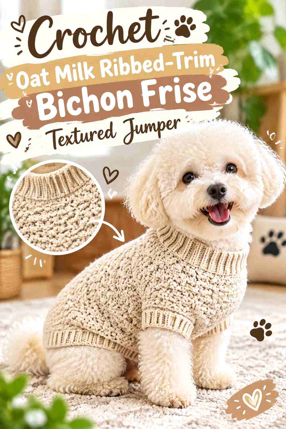 Crochet Oat Milk Ribbed-Trim Bichon Frise Textured Jumper