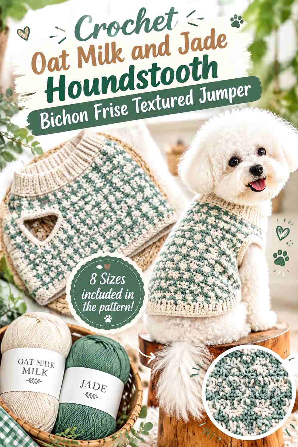Crochet Oat Milk and Jade Houndstooth Bichon Frise Textured Jumper